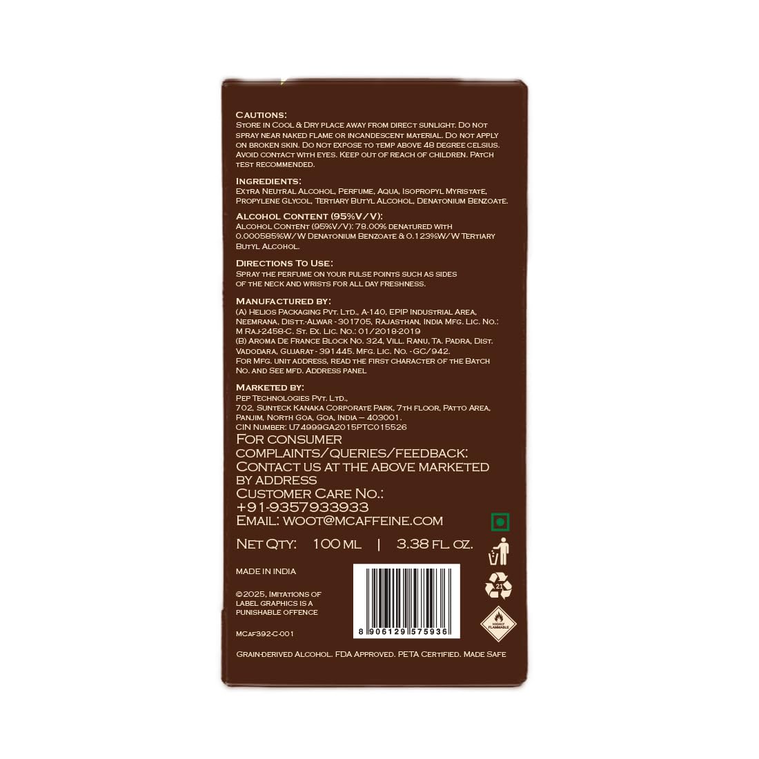 Back label of a product with text and a barcode on a white background