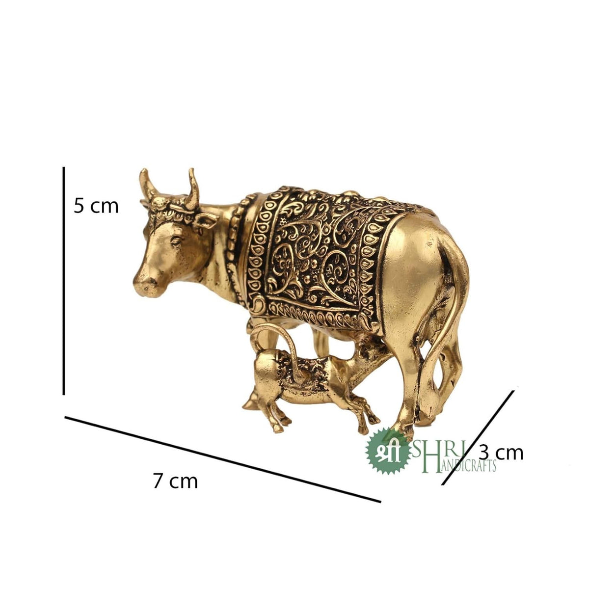 Handcrafted Brass Cow with Calf for Good Luck | 2" Kamdhenu Gau MATA Idol Spiritual Vastu Nandi Pooja Figurine Sculpture for Home and Office (Weight- 70gm)