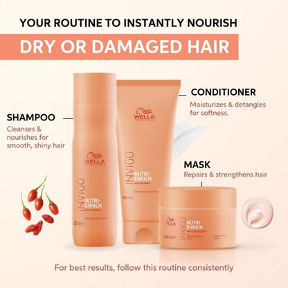 Wella Nutri-Enrich hair care products for dry or damaged hair on a white background.