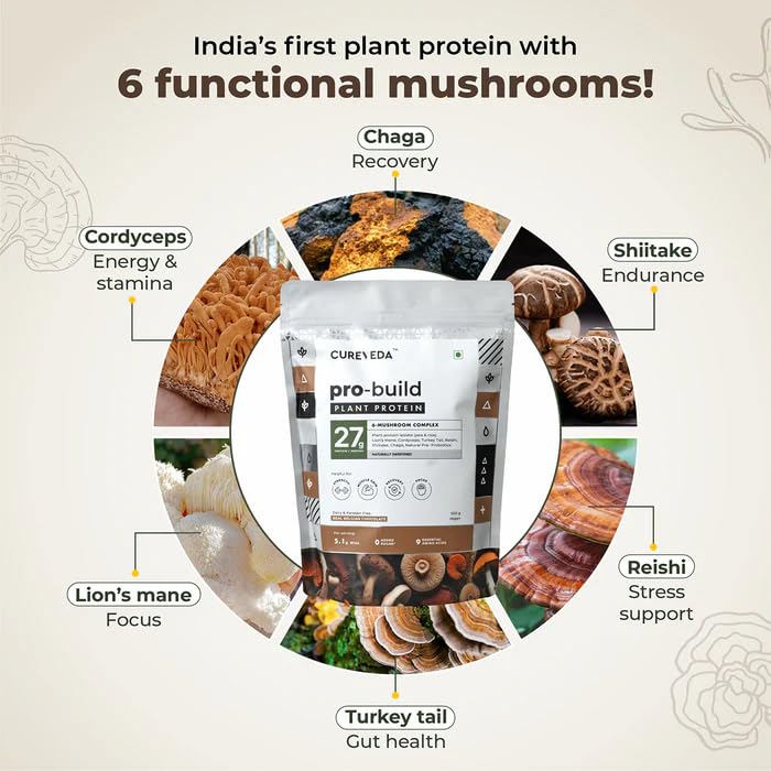Protein powder package with mushroom illustrations and text on a beige background
