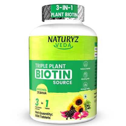 Naturyz Veda Triple Plant Biotin Source supplement bottle on a white background