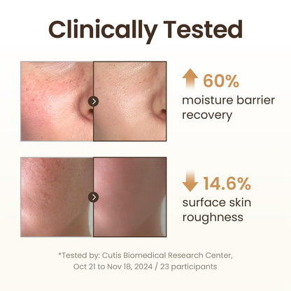 Skin before and after treatment with clinically tested results on a white background