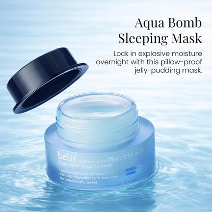 Aqua Bomb Sleeping Mask jar with water effect and text on a light blue background