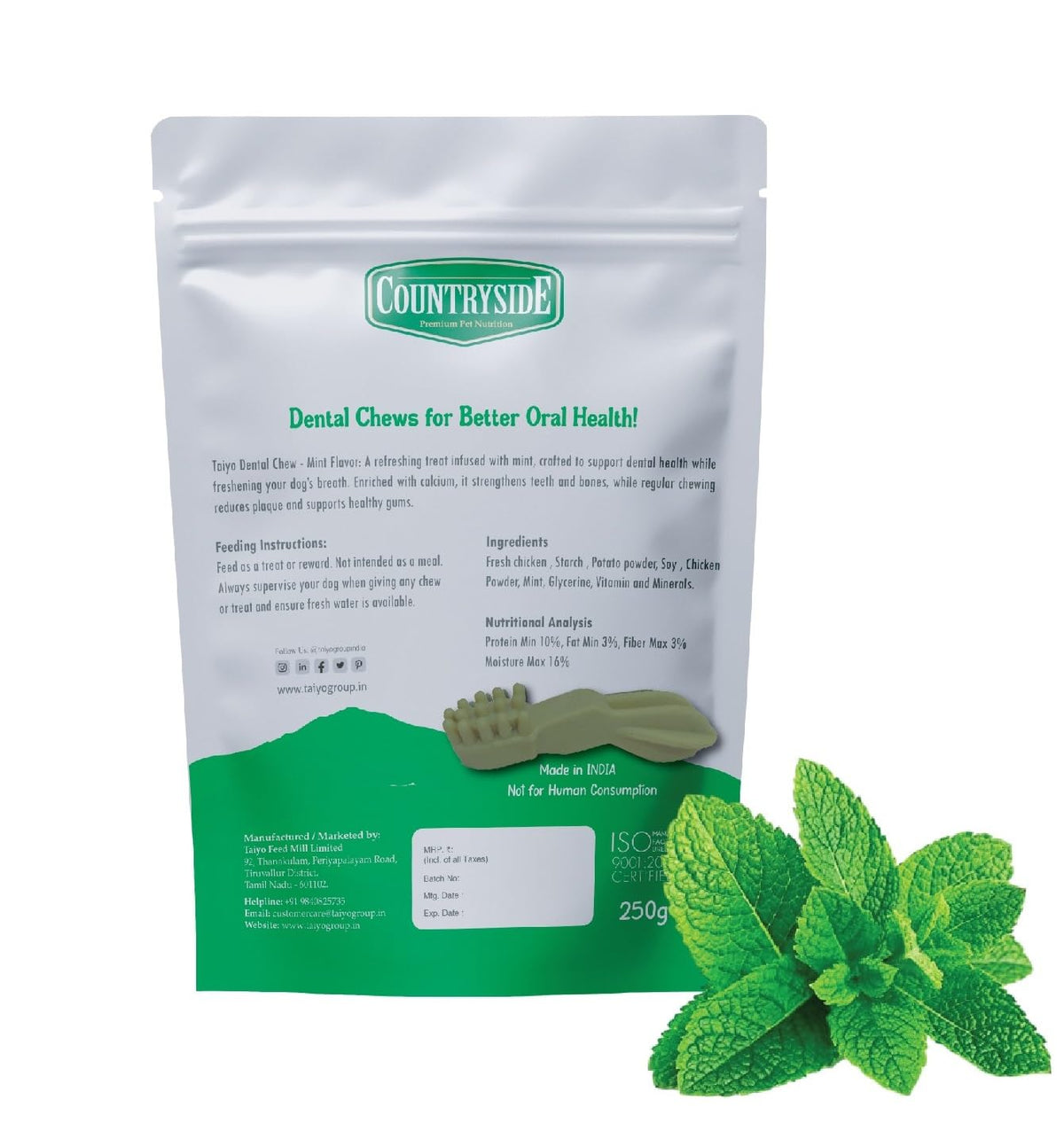 COUNTRYSIDE Dog Dental Chews Treats 250g – Mint Flavor | Brush-Shaped Chews for Dogs, Oral & Gum Care for Dogs | Fights Plaque & Tartar | Freshens Breath | Calcium Enriched & Gluten Free