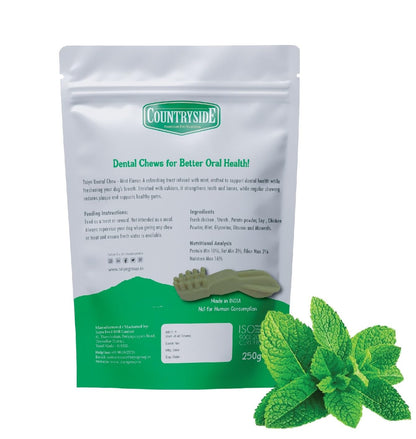 COUNTRYSIDE Dog Dental Chews Treats 250g – Mint Flavor | Brush-Shaped Chews for Dogs, Oral & Gum Care for Dogs | Fights Plaque & Tartar | Freshens Breath | Calcium Enriched & Gluten Free