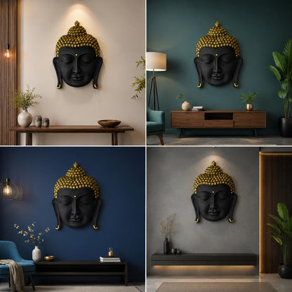 Black & Gold Buddha Face Wall Hanging Statue for Home Decor, Premium Resin Meditation Buddha Wall Art for Living Room, Office, Temple, Yoga Room & Spiritual Decoration