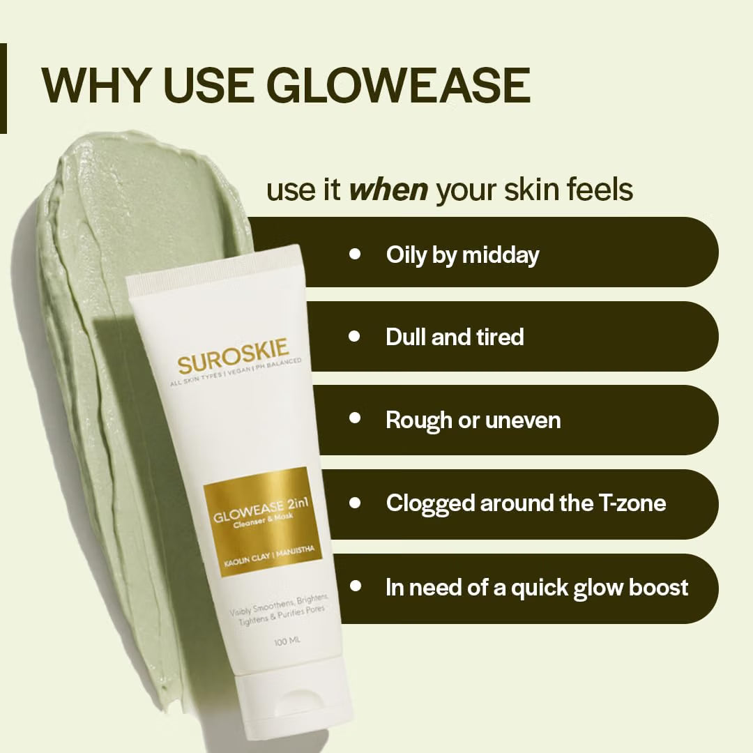 Suroskie Glowease 2-In-1 Cleanser & Mask 100 Ml | Aloe Vera & Kaolin Clay | Deep Cleansing Face Wash For Hydrated, Glowing & Brighten Skin | Korean Skincare Product For Sagging & Dullness Men & Women
