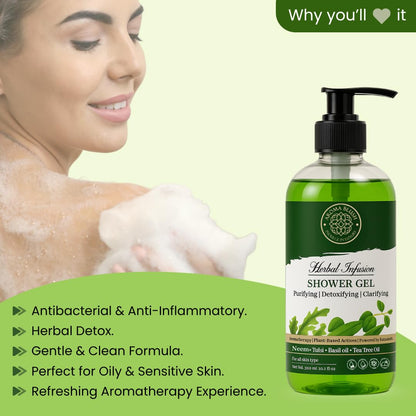 Aromablush - Herbal Infusion Shower Gel | Neem, Tulsi, Tea Tree & Basil Oil | Purifies & Detoxifies | Antibacterial, Sulfate-Free, Paraben-Free | Herbal Detox for Oily & Sensitive Skin | 300ml