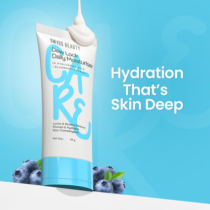 Swiss Beauty Dew Lock Daily Moisturiser | 1% Hyaluronic Acid & Blueberry Extract | Locks & Retains Moisture | Plumps & Hydrates | Non-Comedogenic | 50gm