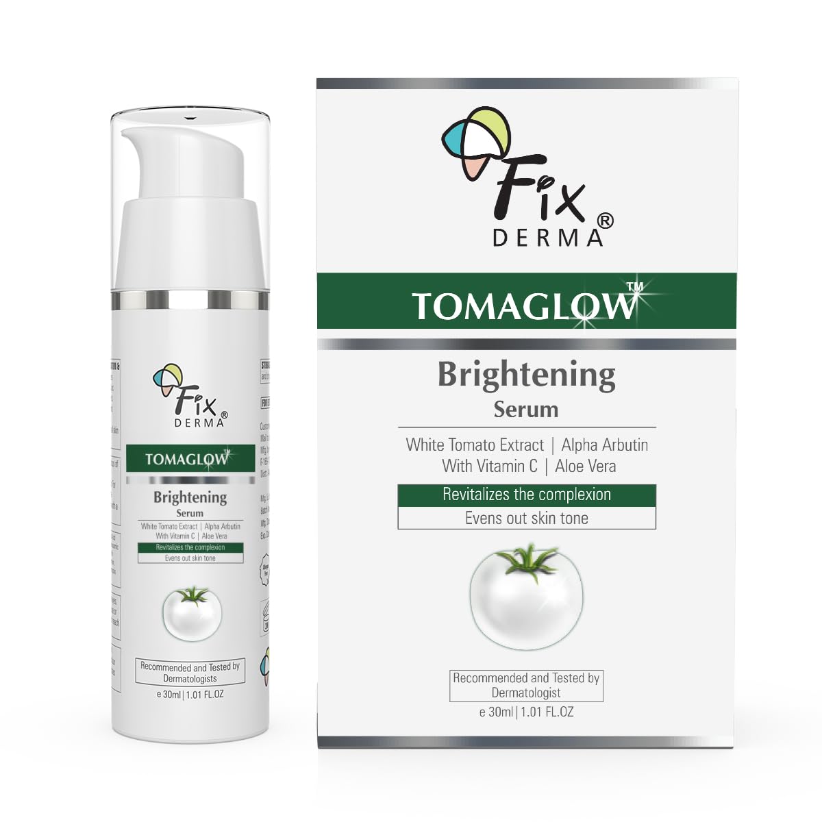Fixderma Tomaglow Skin Brightening Serum for Face with 4% Niacinamide, 2% Alpha Arbutin, Vitamin C & White Tomato Extract | Reduce Pigmentation & Dark Spots | Brightens the Skin For Men & Women - 30ML
