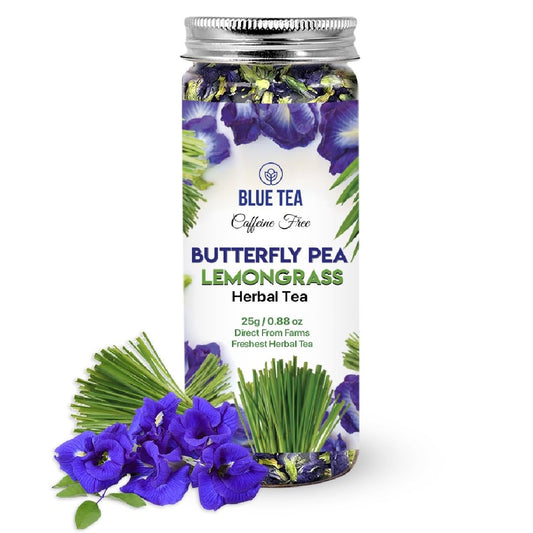 BLUE TEA - Butterfly Pea Flower Lemongrass Tea - 25gm - 25 Cups | GOOD FOR HAIR & SKIN | Caffeine Free - Flower Based - Herbal Tea | Reusable Pet Jar