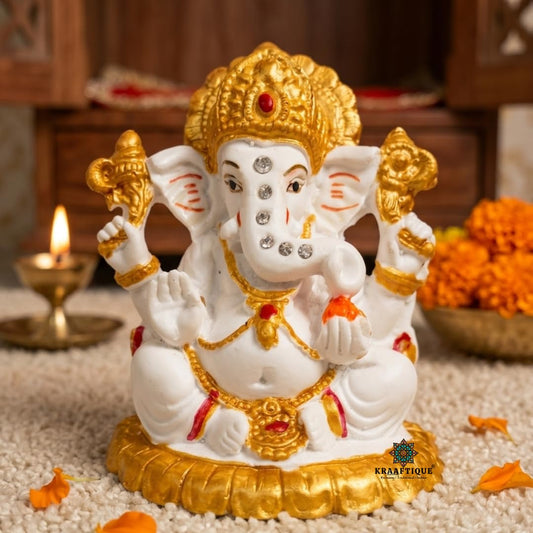 KRAAFTIQUE Marble Finish Lord Ganesh Idol for Home Temple | Ganpati Bappa Murti with Stone Work | Ganesh Ji Statue for Puja Room, Office Desk, Car Dashboard | Diwali Gift, Housewarming Decor