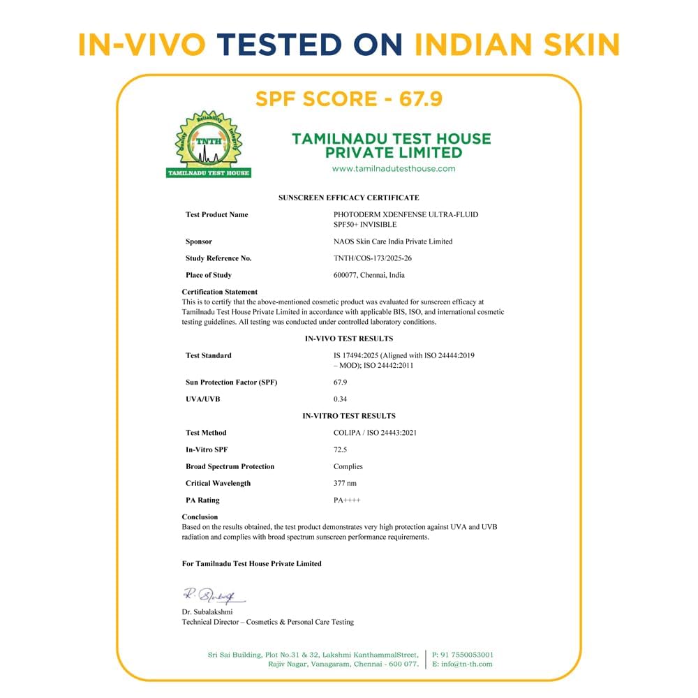 Sunscreen efficacy certificate with Tamilnadu Test House logo and SPF score 67.9 on a white background.
