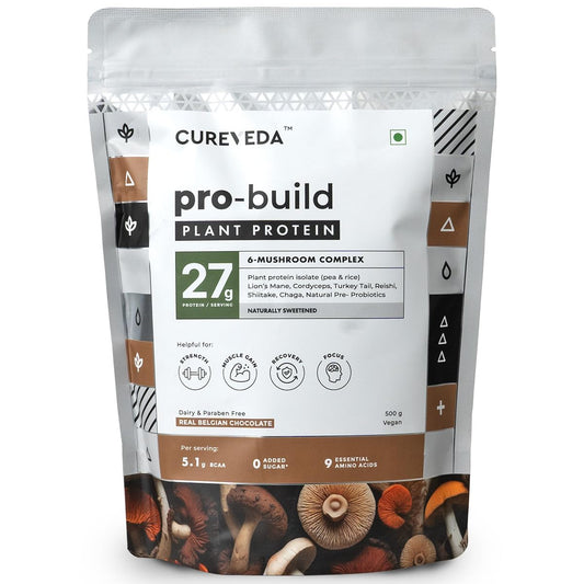 Protein powder package with 'Cureveda' branding on a white background