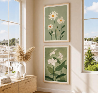 Green Floral Wall Art Set of 2 | Living Room (DGN03-Natural10x13 inch)
