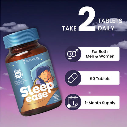 ZEROHARM Sleep Ease | No Melatonin | With Valerian, Ashwagandha, Jatamansi & Hops | Plant-Based Sleep Support | Non-Habit Forming | Promotes Deep Restful Sleep & Relaxation for Men, Women | 60 Tablets