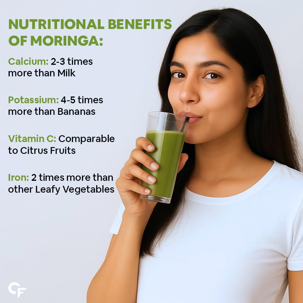 Woman drinking a green smoothie with nutritional benefits of moringa text overlay