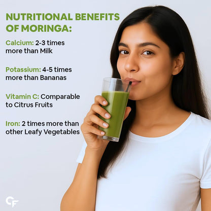 Woman drinking a green smoothie with nutritional benefits of moringa text overlay