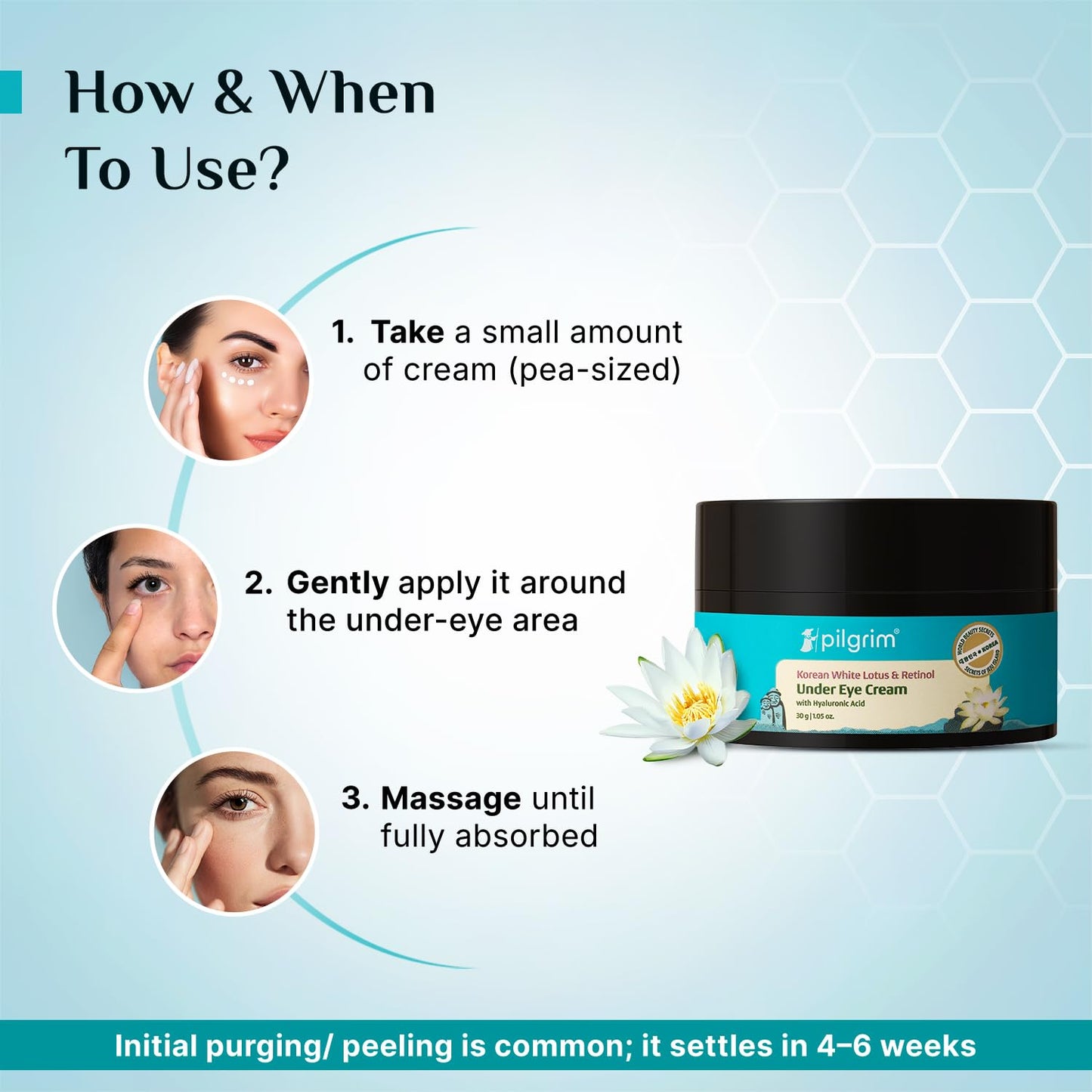 Pilgrim Korean Retinol Under Eye Cream for dark circles, Puffiness & Fine Lines with Vitamin C & Hyaluronic Acid | Women & Men Skin care | 30g