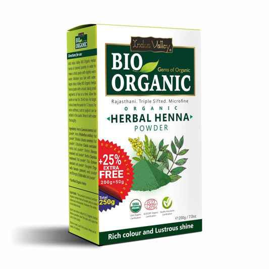 Box of Bio Organic Herbal Henna Powder on a white background