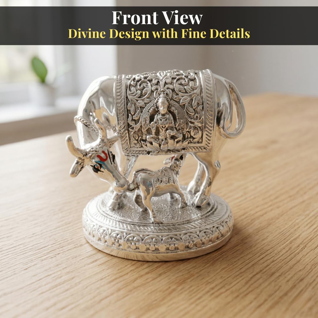Dev Aastha 999 Pure Silver Plated Kamdhenu Cow Idol | 2.5 inch Vastu Home Decor for Pooja Room & Mandir | Symbol of Prosperity & Abundance | Ideal Religious & Spiritual Gift