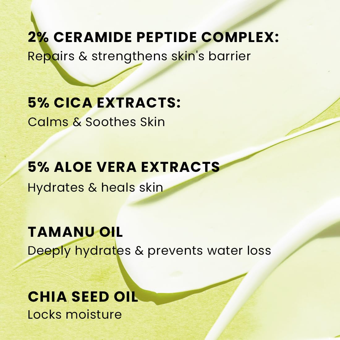 Skincare product with listed ingredients and their benefits on a green background
