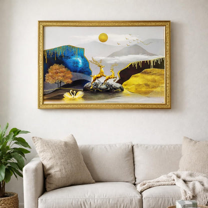 Abstract art Framed Golden Foil 3D Style Landscape Painting | Ready to Hang (14 x 20 inches, Multicolor)