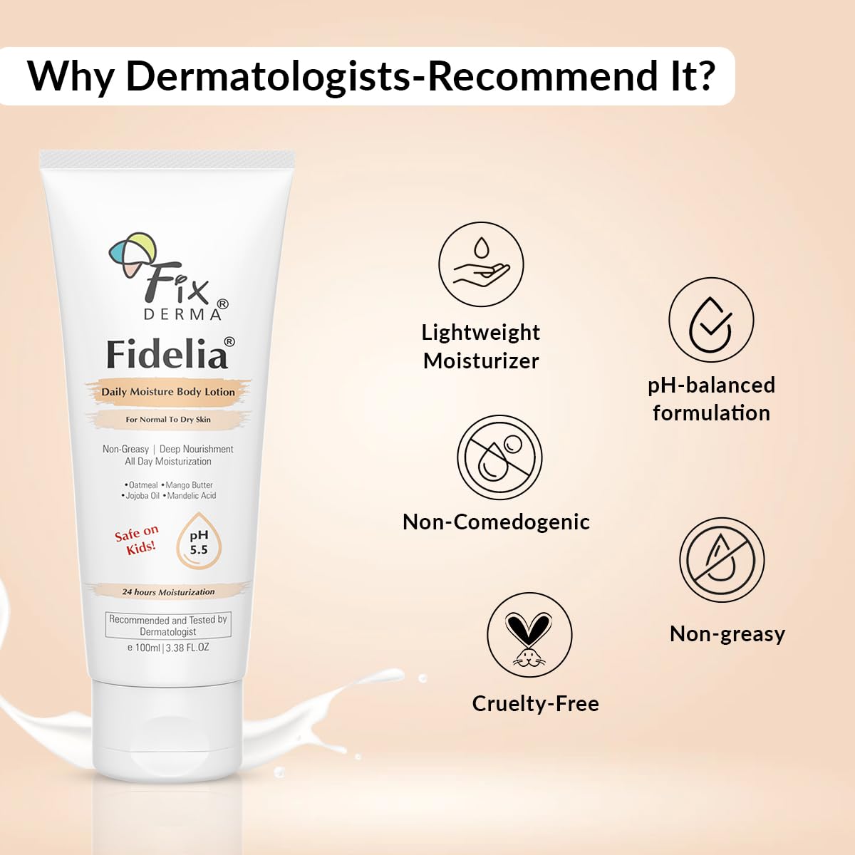 Fixderma Fidelia Daily Moisture Body Lotion | Moisturizer for Face & Body | Body Lotion for Winter | Body Lotion for Women & Men | Body Lotion for Dry Skin with Jojoba Oil & Oatmeal - 100ml