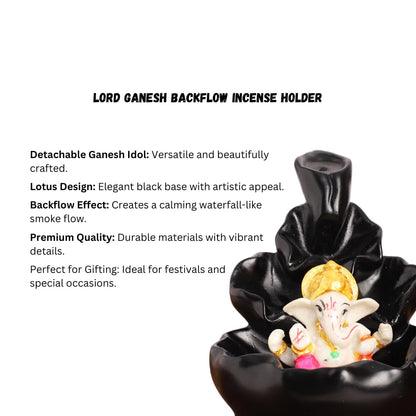 Black Ganesha Idol Waterfall Statue with 8 Incense Smoke Back Flow Fountain Cone Incense Holder | for Table, Living Room, Home Decorative Item