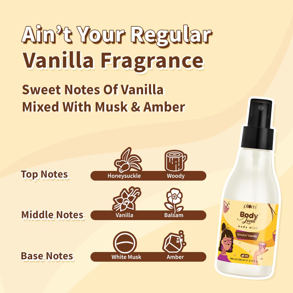 Plum BodyLovin' Smokin' Vanilla Body Mist | Long Lasting Spicy Fragrance for Women & Men With Honeysuckle, Musk | High on Fun | Travel-Friendly Perfume Spray 150 ml