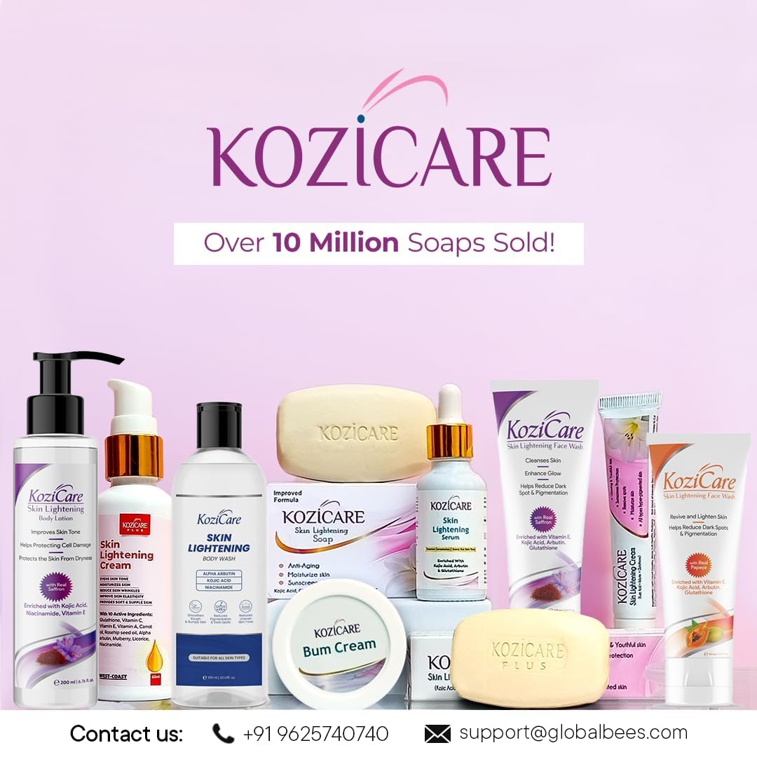 Kozicare skincare products on a pink background with brand name and contact information.