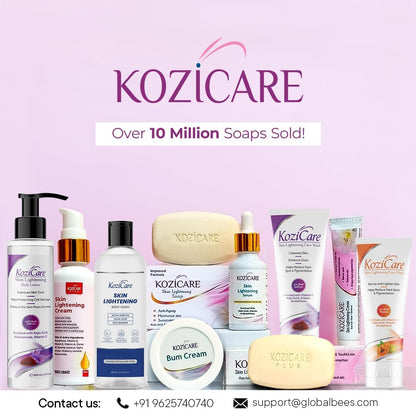 Kozicare skincare products on a pink background with brand name and contact information.