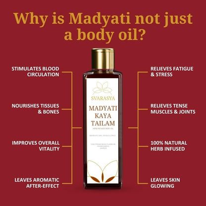 Svarasya Madyati Kaya Tailam - Ayurvedic Abhyanga with Natural Ingredients (Ashwagandha, Vetiver, Saffron) for Refreshed, Bright and Freely Breathing skin (Oil, 100 ml)