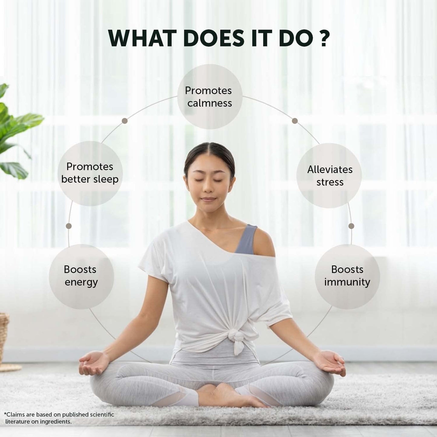 Woman meditating with benefits listed around her