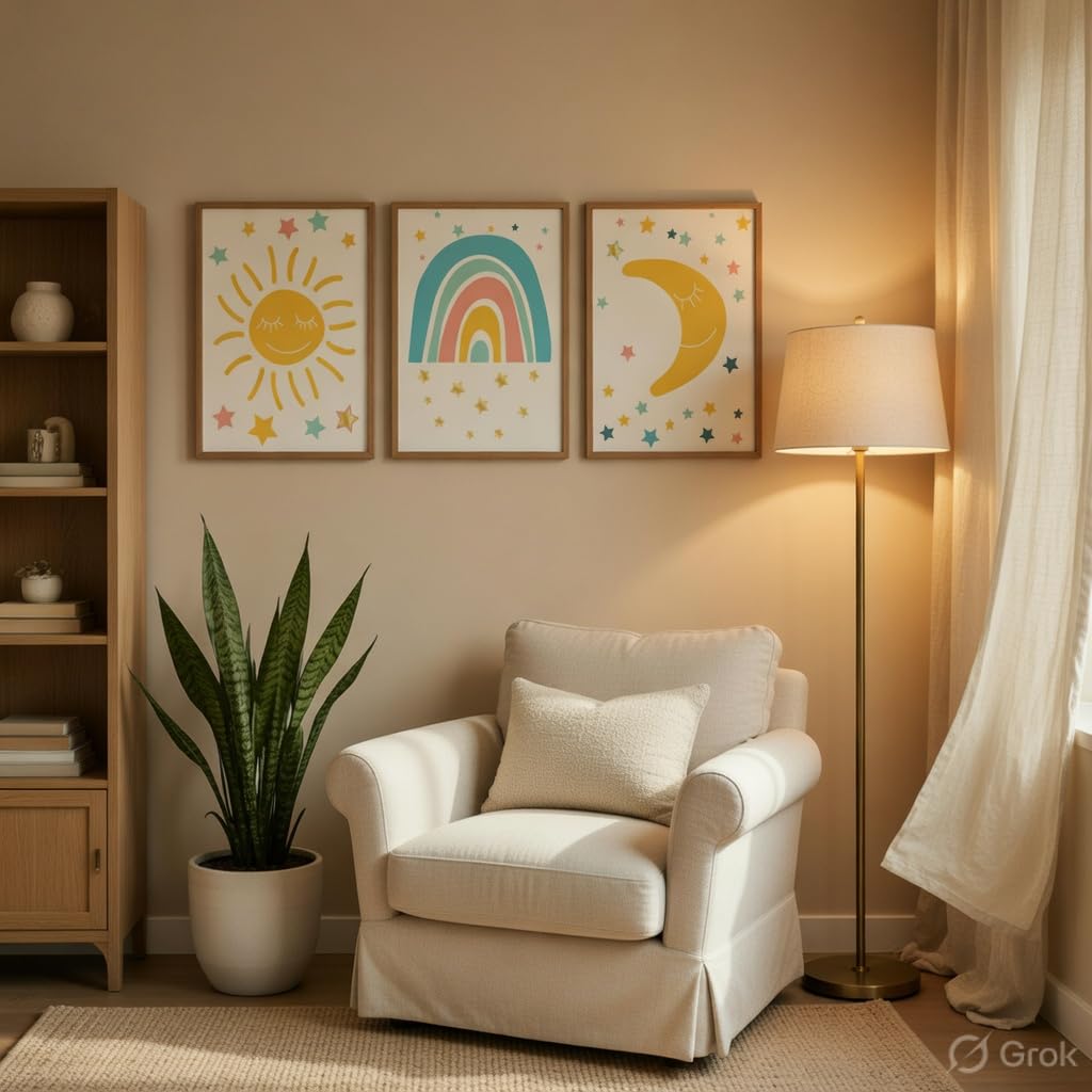 Kids Nursery Wall Painting Set of 3 with Wooden Frames | Sun Rainbow Moon Kids Room Wall Art | HD Sparkle Printed MDF Cartoon Wall Decor for Baby Room, Nursery, Playroom & Bedroom