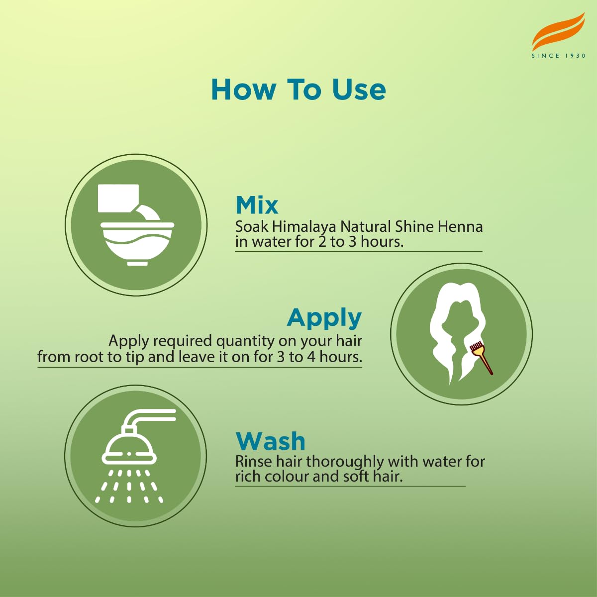 Instructions on how to use Himalaya Natural Shine Henna with icons and text on a green background.