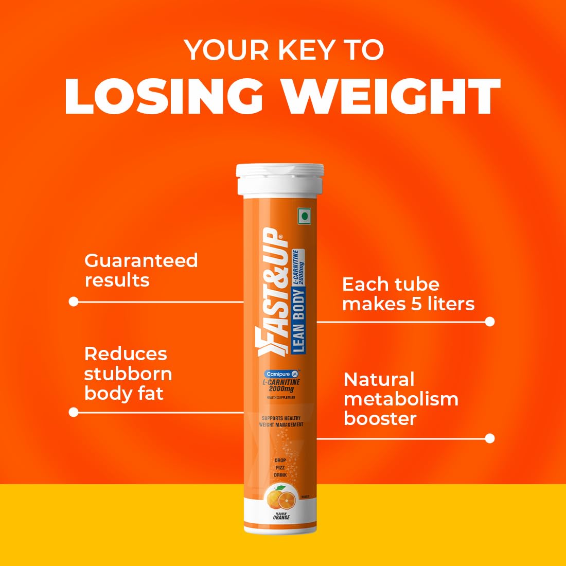 FAST&UP L-Carnitine 2000Mg Effervescent Tablets|Premium Carnipure® Carnitine Supplement|Helps Convert Fat Into Energy, Supports Weight Loss, Fat Burn & Lean Muscle|Orange Flavour, 20 Tabs (Pack of 1)