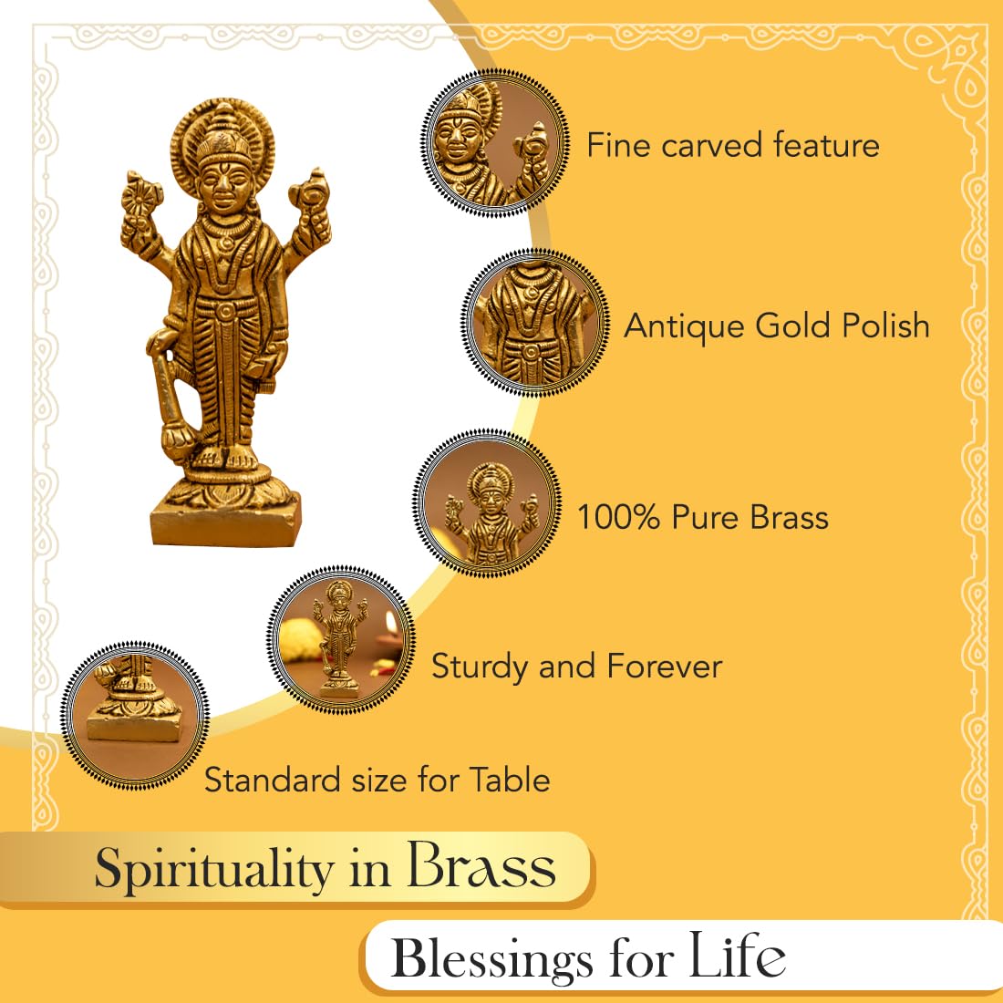 100% Pure Brass Lord Vishnu Idol | Vishnu Bhagwan Murti for Car Dashboard, Pooja Room, Home Decor & Office Desk | Laxmi Narayan Standing Idol | Narayan Statue for Gifting