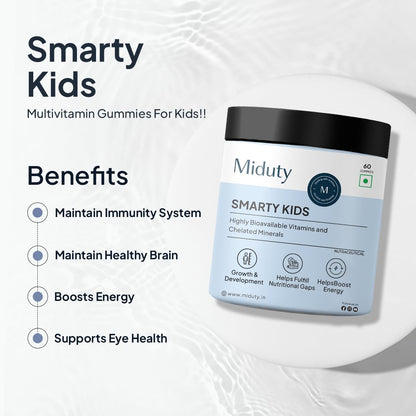 Zephivo Miduty by Palak Notes Smarty Kids Multivitamin Multimineral, B Complex, Vitamin C, Vitamin A & Active Immunity For Picky Eaters No Fructose Corn Syrup No Preservatives - Natural Flavor - Pack of 60
