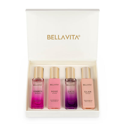 Set of four Bellavita luxury perfume bottles in a box on a white background