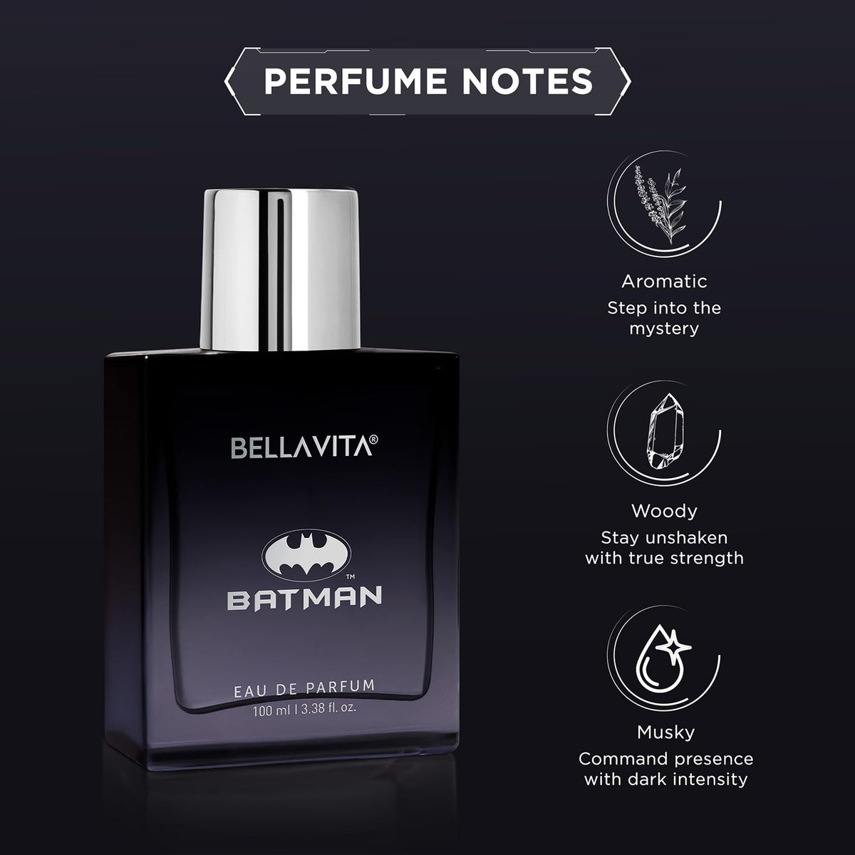 Bellavita Batman perfume bottle with fragrance notes on a dark background