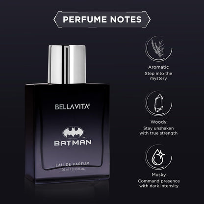 Bellavita Batman perfume bottle with fragrance notes on a dark background
