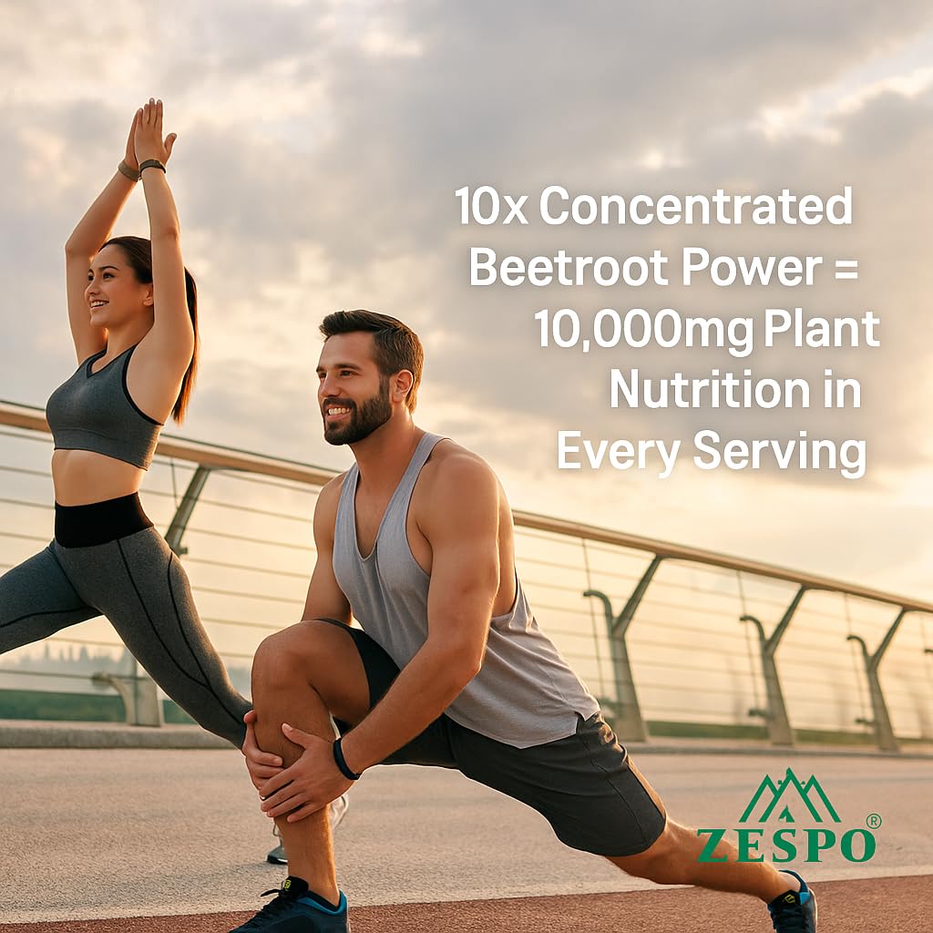Two people exercising outdoors with ZESPO branding and text about concentrated beetroot power.