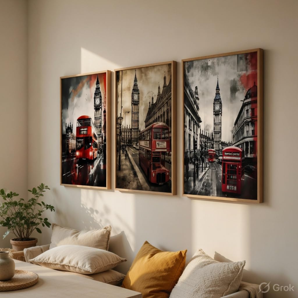 London City Wall Painting Set of 3 with Wooden Frames | Big Ben & Red Bus London Street Artwork HD Sparkle Laminated MDF Wall Decor | Modern Travel Wall Art for Living Room