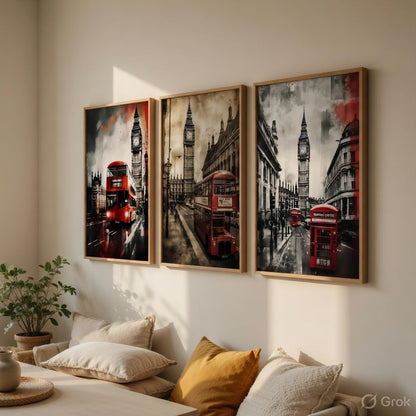 London City Wall Painting Set of 3 with Wooden Frames | Big Ben & Red Bus London Street Artwork HD Sparkle Laminated MDF Wall Decor | Modern Travel Wall Art for Living Room