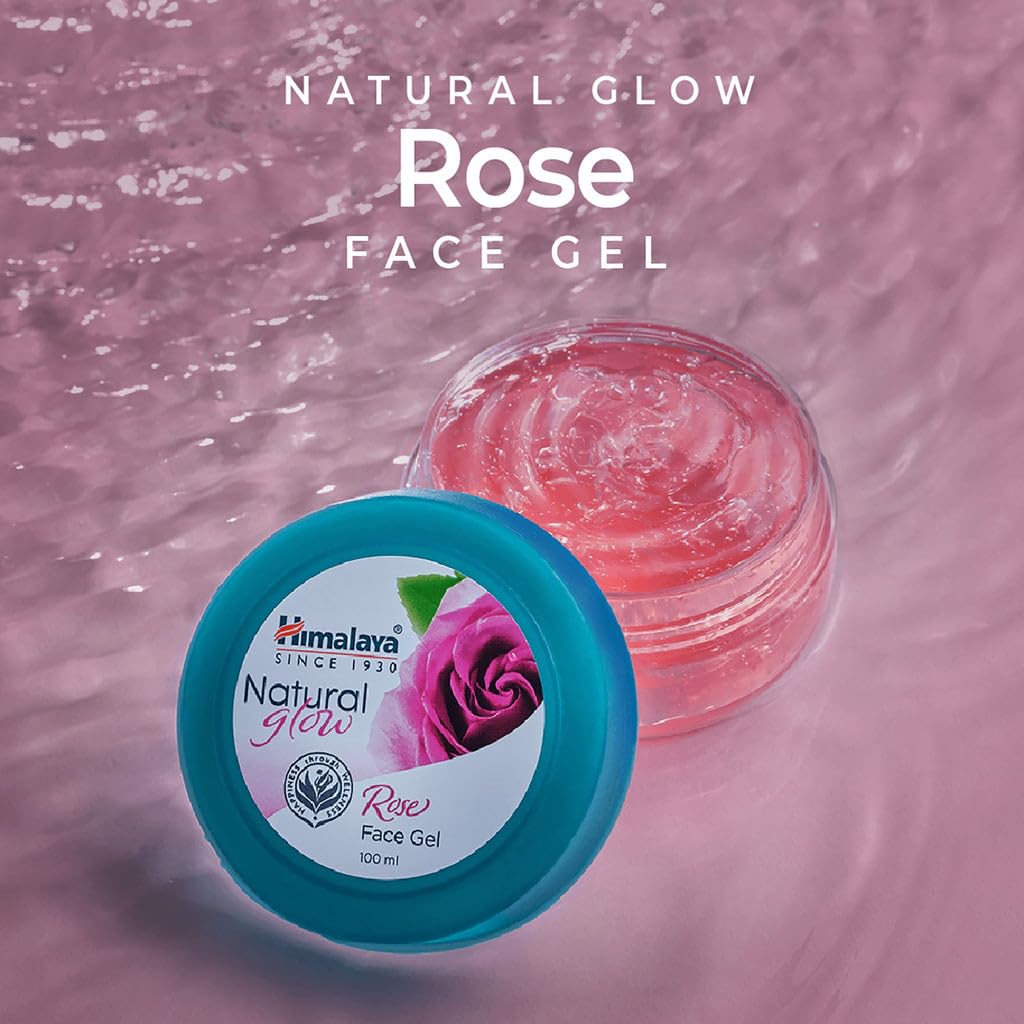 Himalaya Natural Glow Rose Face Gel with pink gel and blue container on a pink background