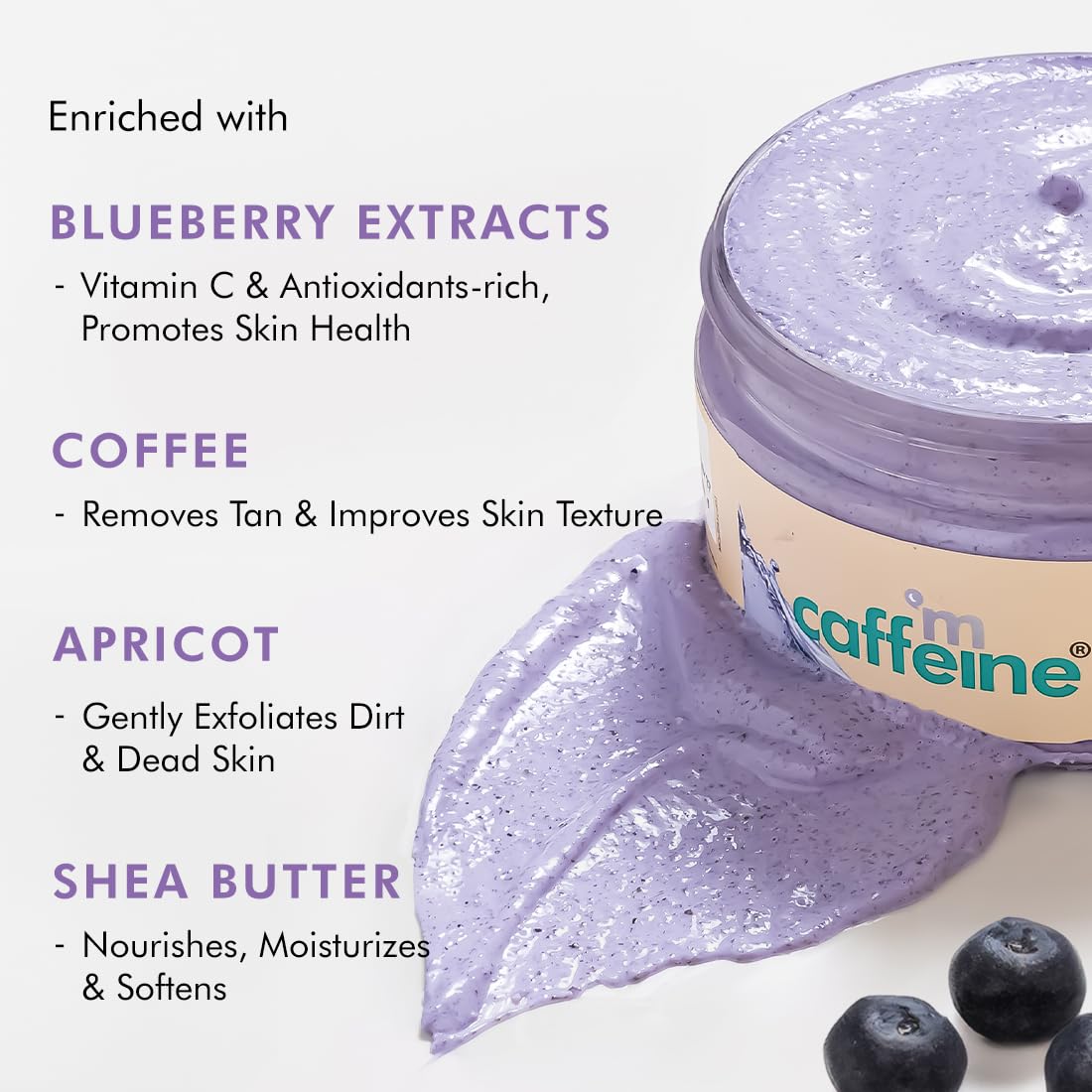 Purple skincare product with text about ingredients on a white background