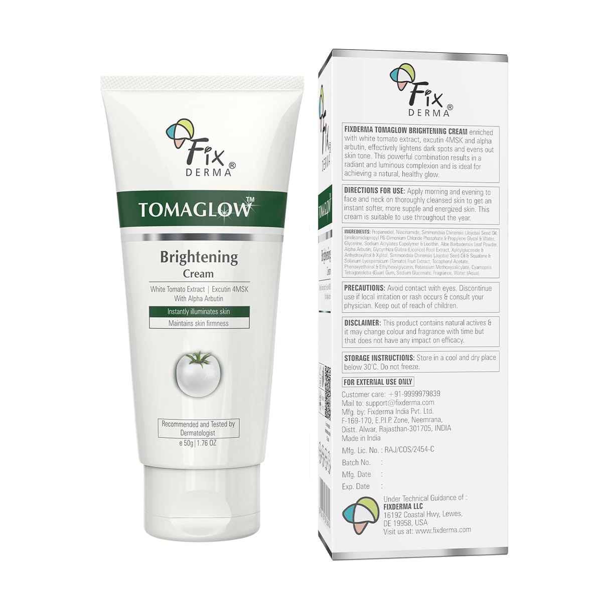 FIXDERMA Tomaglow Brightening Face Cream With White Tomato Extract, Excutin 4MSK With 2% Alpha Arbutin 4% Niacinamide, Lightens Dark Spots & Instantly Illuminates Skin, Face Cream For Unisex - 50G