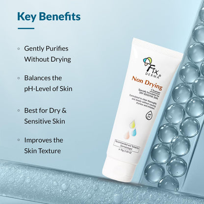 Fixderma Non Drying Cleanser, soap-free & pH Balanced cleanser, Pore-Refining, Dermatologist tested, Face Exfoliator, Non-comedogenic & Non-irritating skin cleanser - 75g