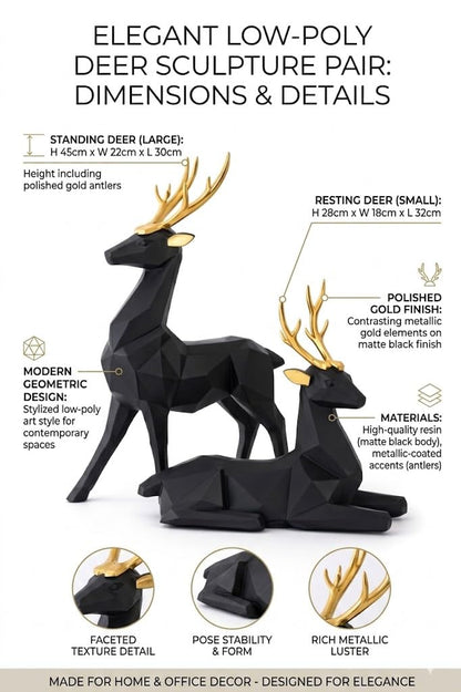 Decorative Resin Deer Figurines, Resin, 25 cm Height, Set of 2, Standing and Sitting Deer Statues Geometric Showpiece for Home Decor | Housewarming Gift (Black)